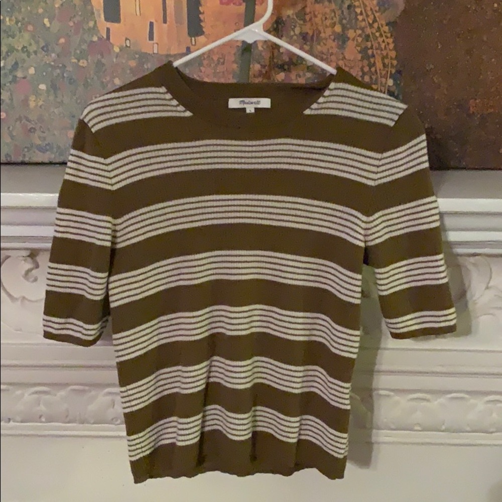 Green mid sleeve madewell striped sweater.